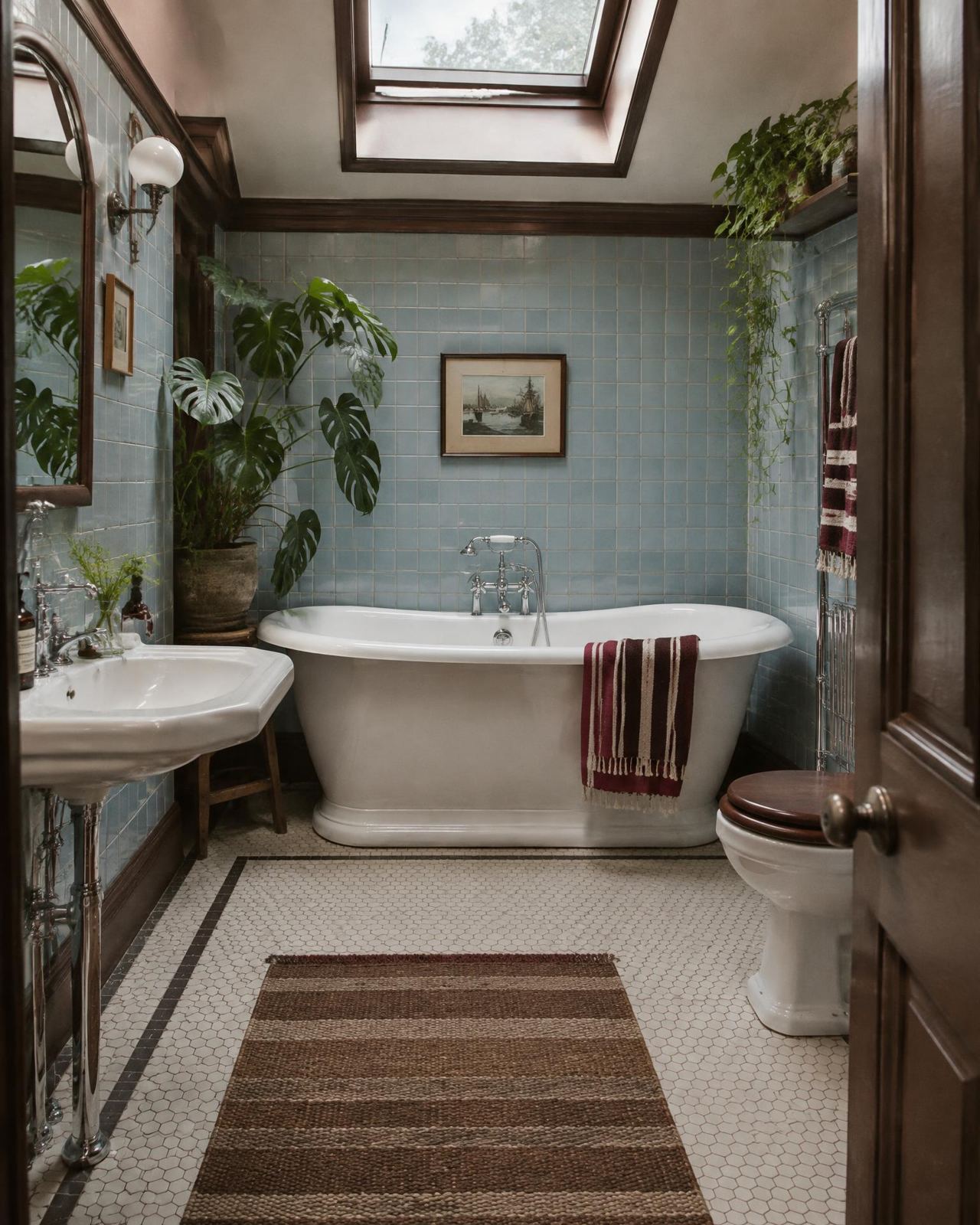 Bathroom with powder blue tiles and a roll-top bath