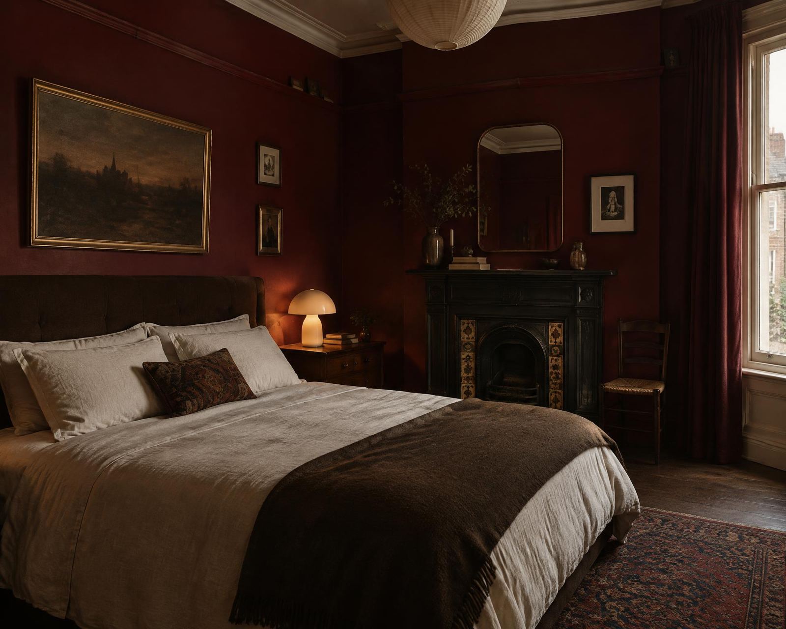 Burgundy bedroom with a fireplace and mushroom lamp