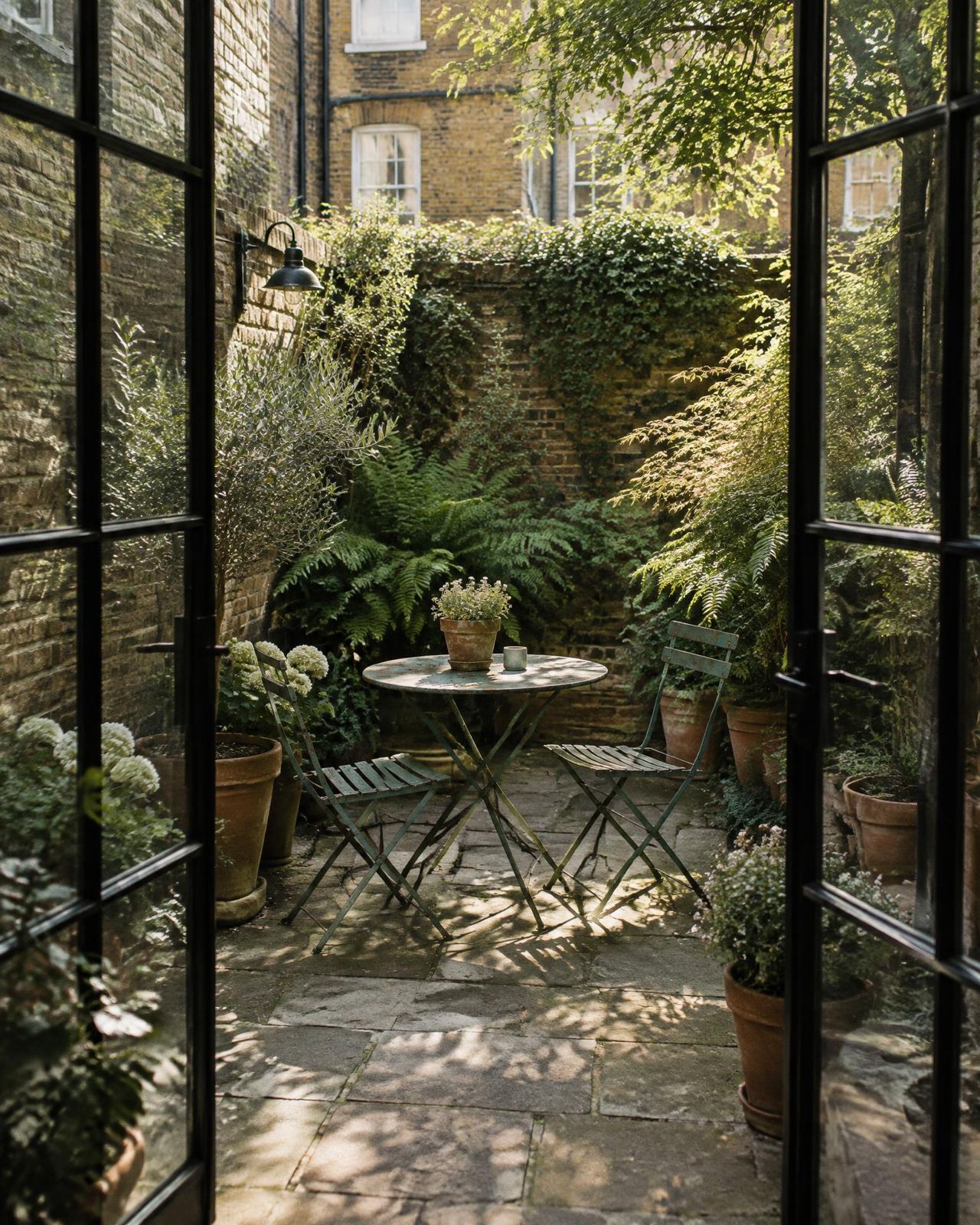 Small walled garden seen through Crittall-style doors