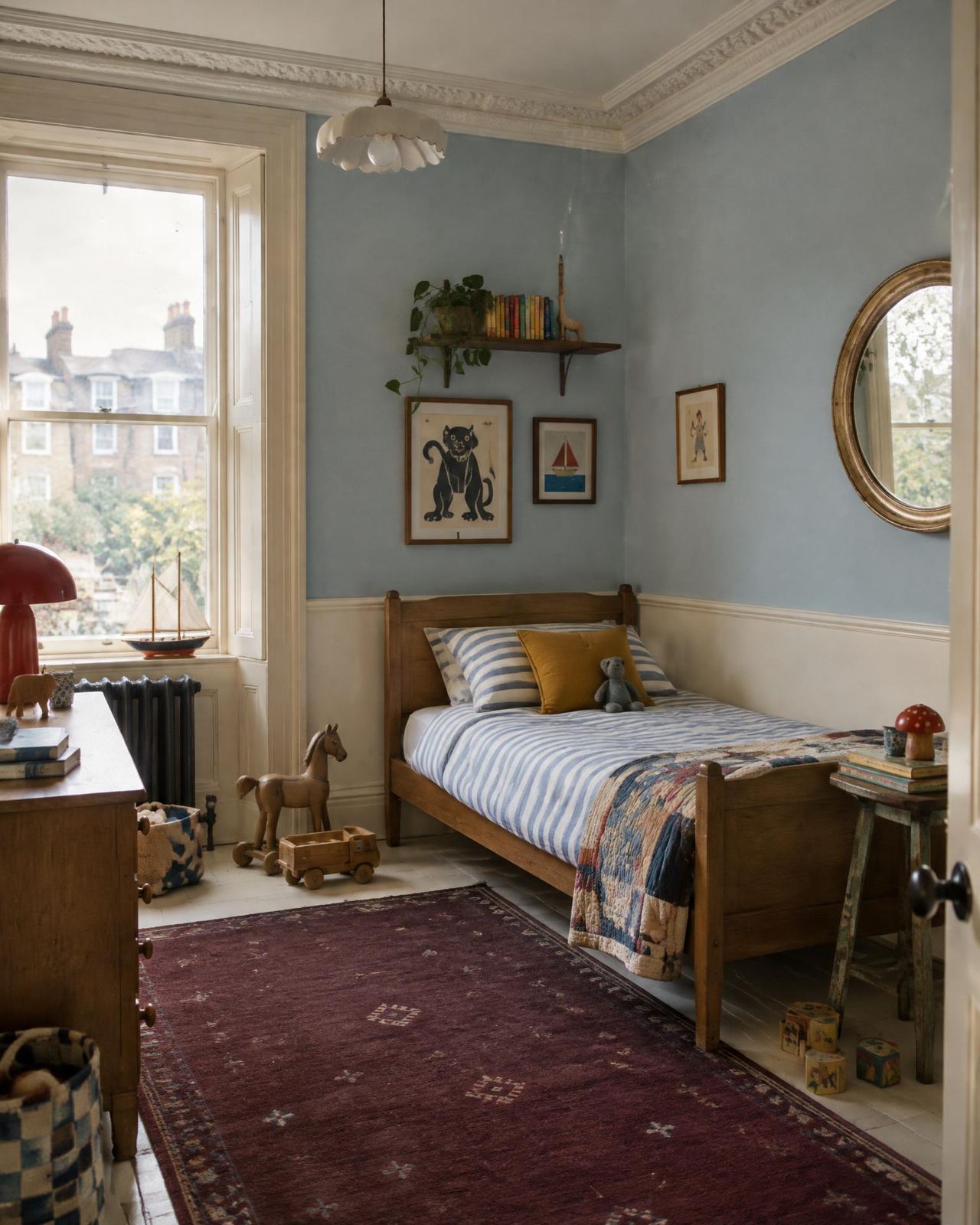 Children's bedroom with powder blue walls and wooden toys